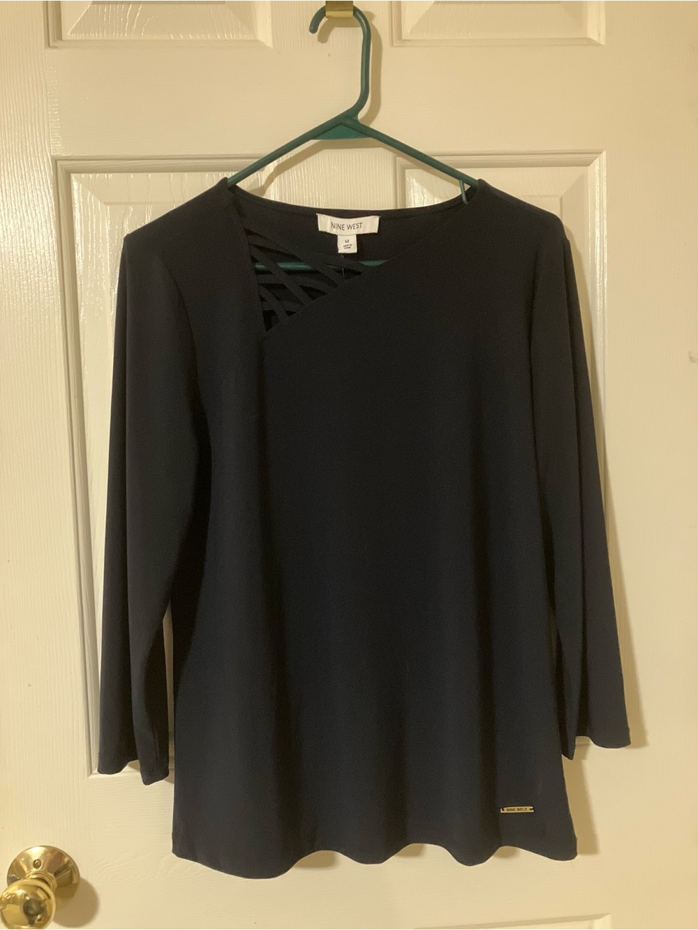 Nine West Navy Long-Sleeve Knit Top with Lattice Shoulder Detail